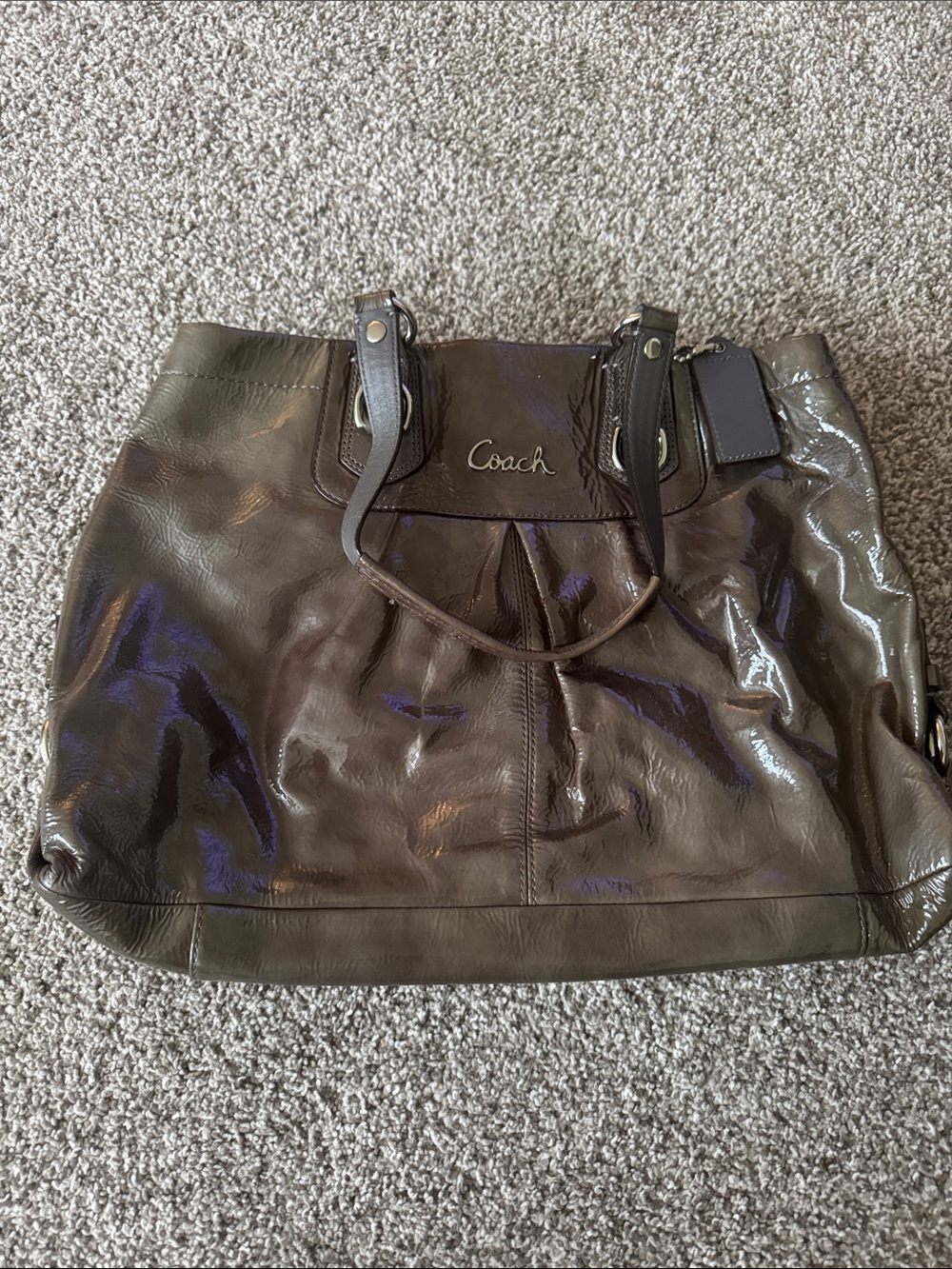 Coach Glossy Patent Leather Tote in Dark Brown